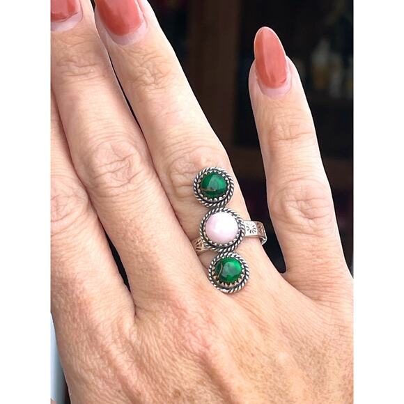 Sterling Silver Pink Opal Green Dahlia Ring Southwest Navajo Style Adjustable - Picture 3 of 5